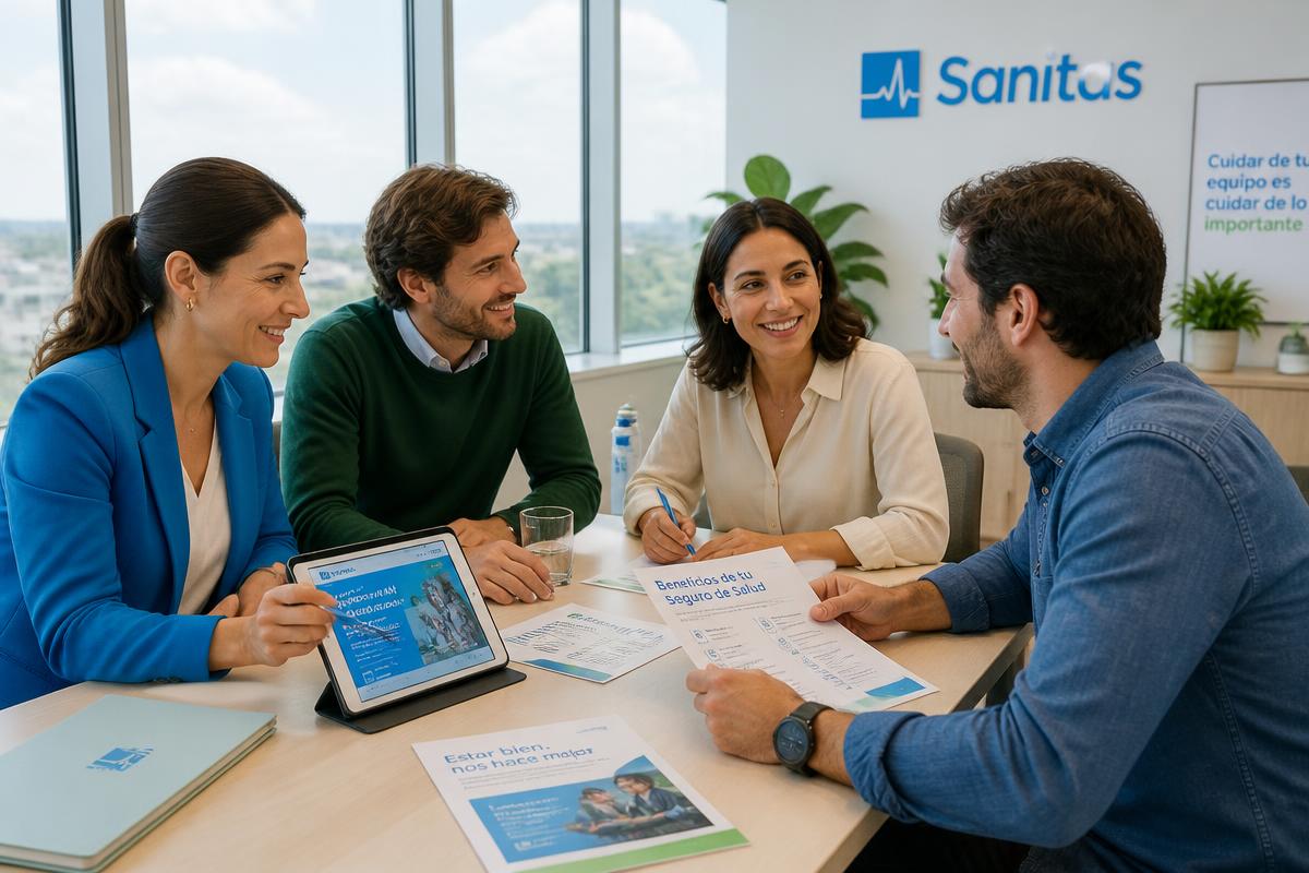 Equipo de empresa revisando seguros de salud Sanitas